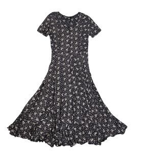 Nostalgia Maxi Dress Vintage Medium Black White Floral Button Front Short Sleeve